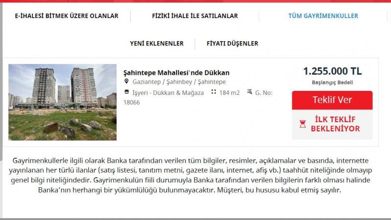 Ziraat Bankası'ndan Gaziantep Şahinbey'de Satılık Dükkan İlanı! 184 Metrekarelik Yatırımlık Dükkan Yüzde 6'lık Teminat Karşılığında İhaleye Açıldı! 2