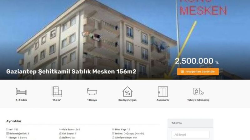 Albaraka Türk Katılım Bankası Gaziantep Şehitkamil'de Bulunan İcralık Apartman Dairesini Satışa Çıkardı! 2 Milyon 500 Bin TL... 1