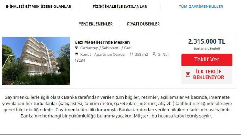 Kamu Bankası Gaziantep Şehitkamil'de Bulunan Lüks Daireyi Satışa Çıkardı! 138 Bin 900 TL'yi Yatıran Fiyat Teklifi Sunabilecek! 2