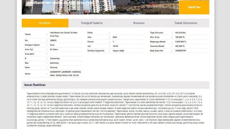 Gaziantep'in Göbeğinde Arsa Satışı: Vakıfbank 14 Bin 974 Metrekarelik Arsayı 425 Bin TL'lik Teminat Karşılığında Satışa Çıkardığını Duyurdu! 3