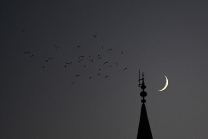 Gaziantep'te  gün batımından hemen sonra görünen hilal, cami minaresi ve kuşlarla güzel görüntü oluşturdu. 7
