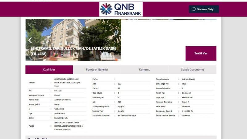 QNB Finansbank'tan Gaziantep Halkına Sudan Ucuz Satılık Apartman Dairesi Duyurusu! 128 Metrekarelik Daire İçin 55 Bin TL Ödeyin! Üstelik Konut Krediniz Anında Hesabınıza Yatsın! 3