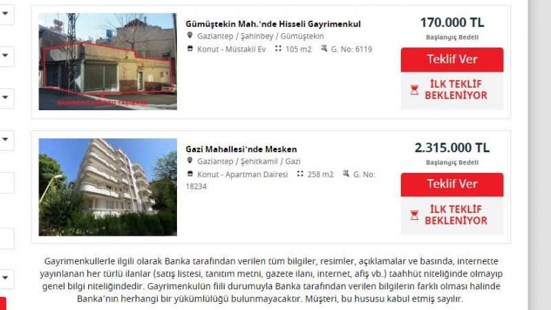 Kamu bankaları Gaziantep'te hisseli gayrimenkul satışlarına başladı! Müstakil konut 170 bin TL'den satışa sunuldu! 3