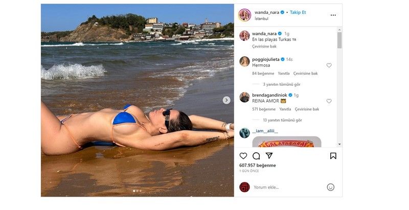 Wanda Nara’nın bikinili pozları nefes kesti! Plajda sere serpe uzanan güzele rekor beğeni… İstanbul’daki hayatını dünyaya açtı 1