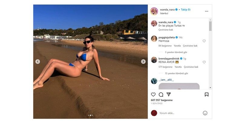 Wanda Nara’nın bikinili pozları nefes kesti! Plajda sere serpe uzanan güzele rekor beğeni… İstanbul’daki hayatını dünyaya açtı 2