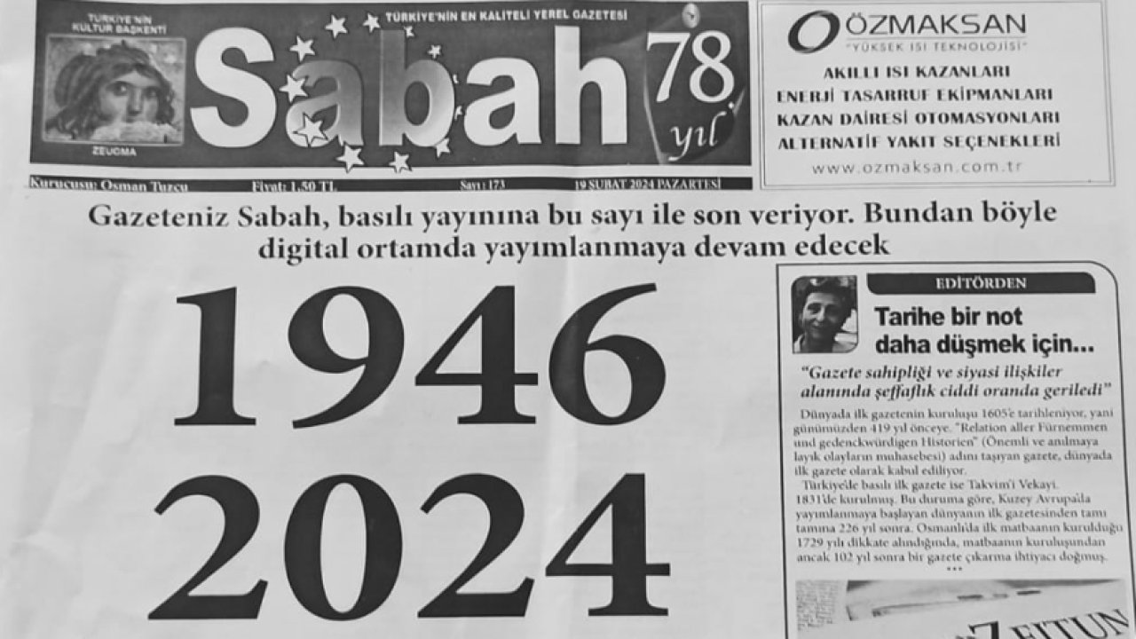 Gaziantep'in Asırlık Gazetesi 'SABAH'ta Pes Etti! Antep'in en eski yerel gazetesi basılı yayın hayatına son verdi