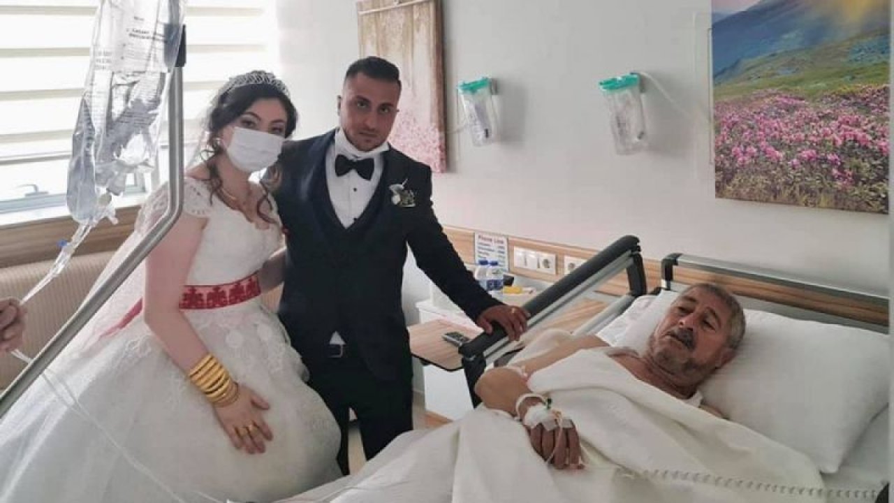 Düğün günü hastalanan babalarını gelinlik ve damatlıkla ziyaret ettiler